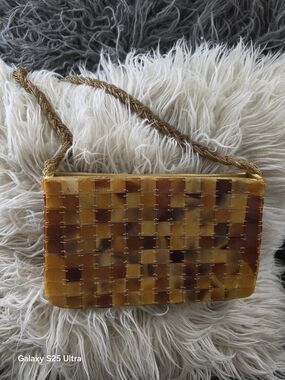 Vintage Amber Woven Mosaic Shoulder Bag with Beaded Chain Strap